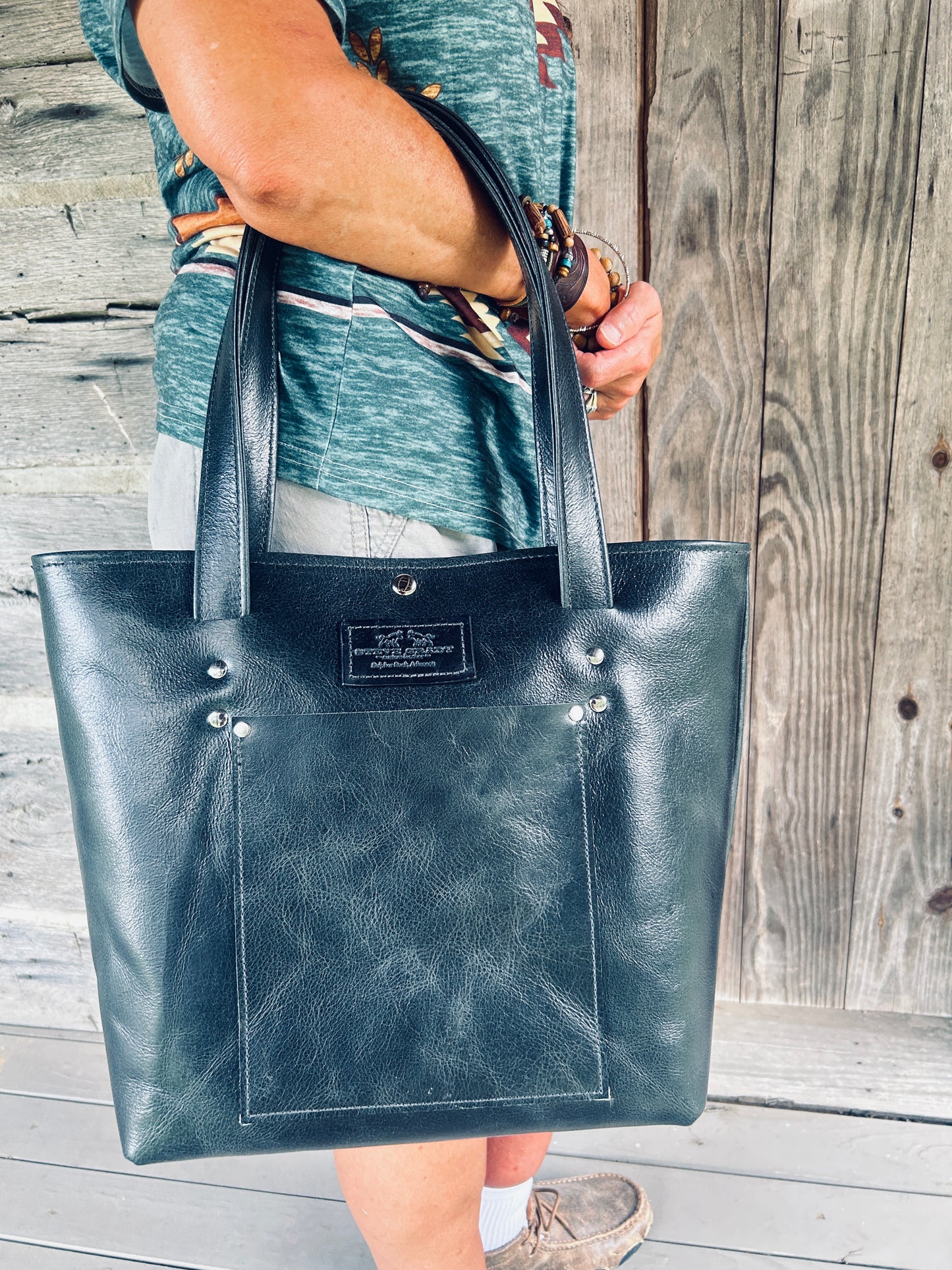 Black leather tote