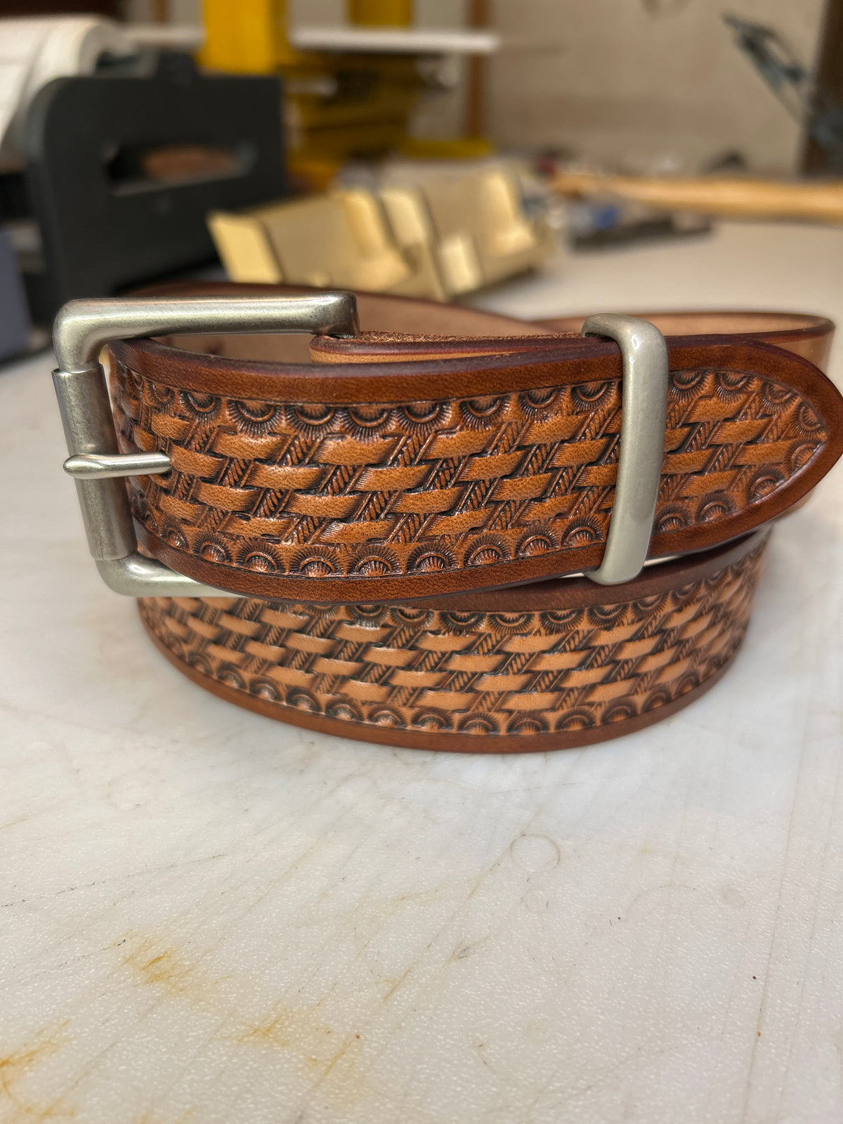 Two tone basket weave stamped belt size 36