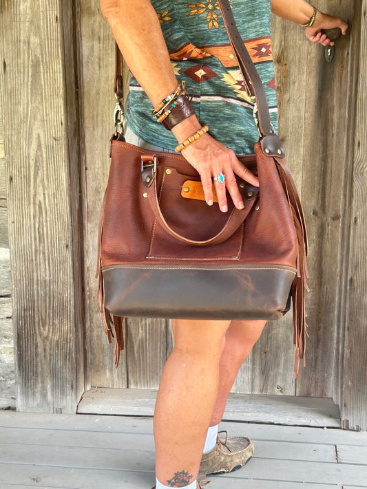Leather Fringe Two Tone Tote Bag