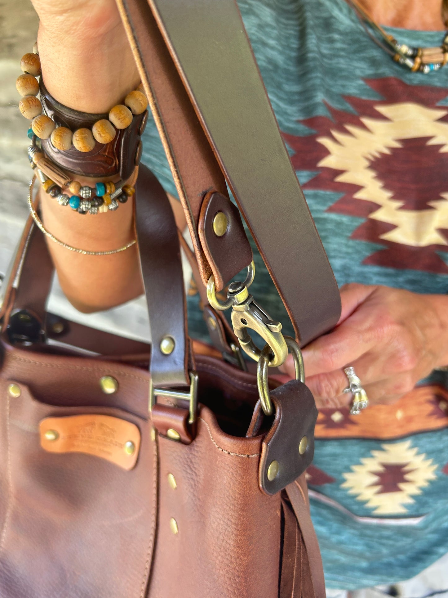 Leather Fringe Two Tone Tote Bag