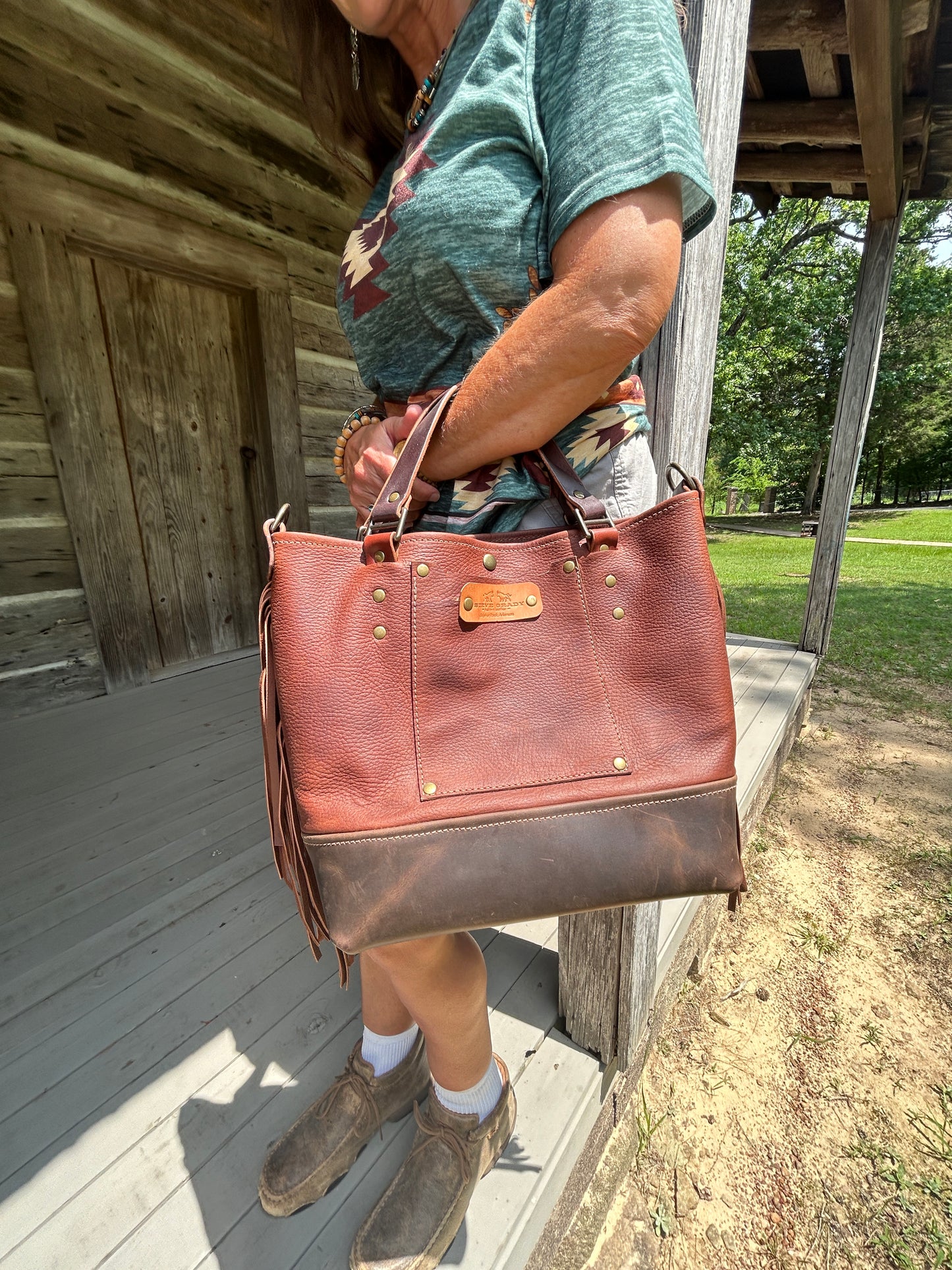 Leather Fringe Two Tone Tote Bag