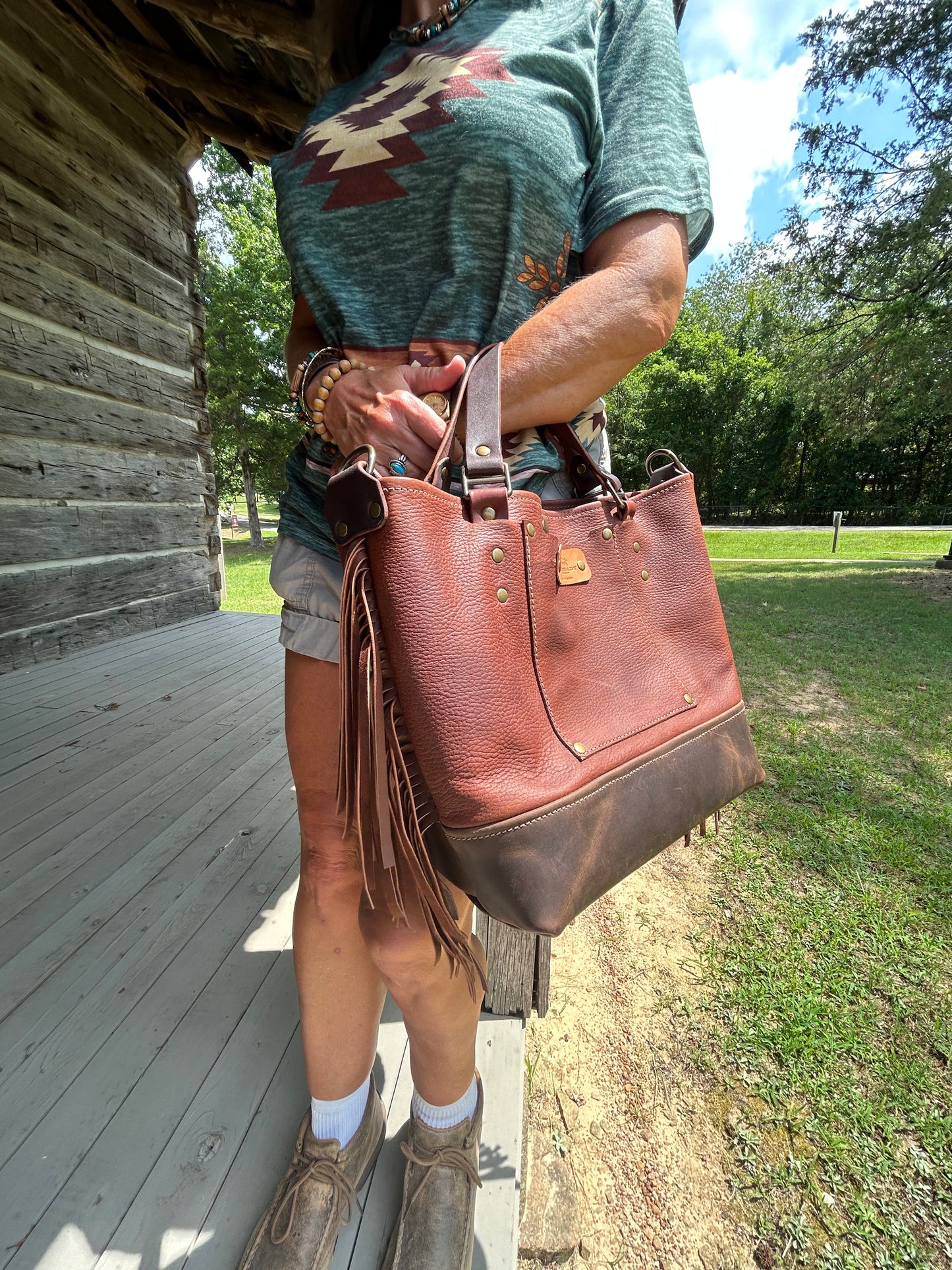 Leather Fringe Two Tone Tote Bag