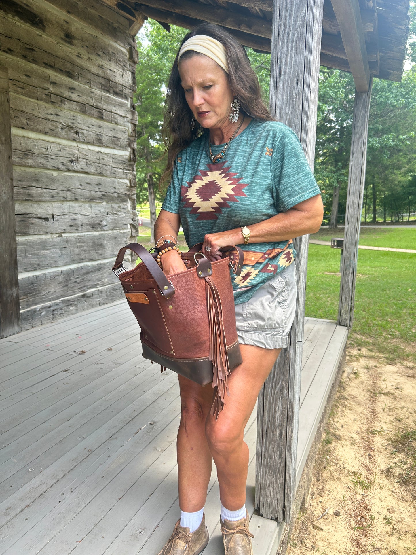 Leather Fringe Two Tone Tote Bag